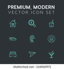 Modern, simple vector icon set on dark grey background with property, technology, movie, furniture, juice, bed, website, building, rail, glass, video, message, drink, send, camera, travel, home icons