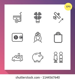 Modern, simple vector icon set on gradient background with people, mask, doctor, lighthouse, transport, equipment, gift, economy, beach, aircraft, tower, seamark, present, lorry, plane, money icons