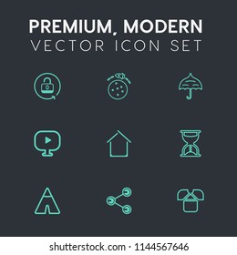 Modern, simple vector icon set on dark grey background with space, unlock, social, planet, share, outdoor, lock, clock, sign, season, parasol, shuttle, technology, video, white, security, camp icons