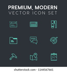Modern, simple vector icon set on dark grey background with string, road, mathematics, banner, frame, calculator, folk, blank, advertising, brush, business, music, health, message, construction icons