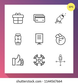 Modern, simple vector icon set on gradient background with star, holiday, box, control, scale, money, success, meeting, hand, telescope, presentation, good, surprise, up, night, clock, sign, sky icons