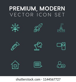 Modern, simple vector icon set on dark grey background with architecture, exploration, rocket, spaceship, shuttle, profile, video, sign, orbit, display, medieval, space, communication, digital icons