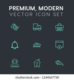 Modern, simple vector icon set on dark grey background with page, spacesuit, young, cosmonaut, star, basket, shop, pin, notification, shiny, leisure, road, sale, store, home, market, estate, gps icons