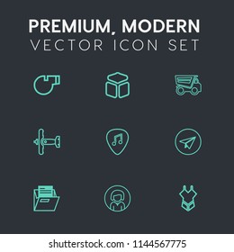 Modern, simple vector icon set on dark grey background with aircraft, girl, dumper, equipment, message, paper, musical, game, lady, square, woman, folder, sign, communication, referee, fashion icons