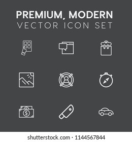Modern, simple vector icon set on dark grey background with technology, transport, people, south, modern, vehicle, customer, landscape, food, cut, scenery, device, dialog, business, compass, car icons