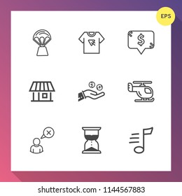 Modern, simple vector icon set on gradient background with shirt, musical, online, home, time, music, sound, tune, air, finance, building, hour, price, melody, tshirt, helicopter, house, poster icons