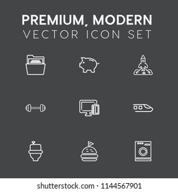 Modern, simple vector icon set on dark grey background with credit, tomato, transportation, investment, object, lunch, banking, gym, shuttle, restroom, office, space, file, food, appliance, coin icons