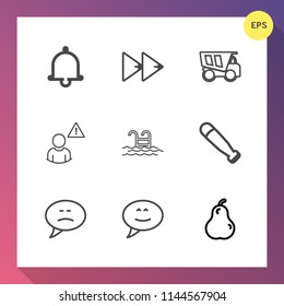 Modern, simple vector icon set on gradient background with transport, fruit, water, rewind, food, pool, profile, pear, dump, organic, reminder, online, tipper, sign, wood, bubble, play, swimming icons