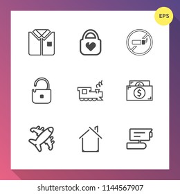 Modern, simple vector icon set on gradient background with camera, tshirt, home, bag, object, tv, clothing, flight, security, tobacco, currency, video, addiction, cigarette, money, style, front icons