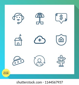 Modern, simple vector icon set on gradient background with parasol, people, cloud, price, summer, sun, service, object, vacation, frame, call, add, building, space, arrow, home, profile, person icons