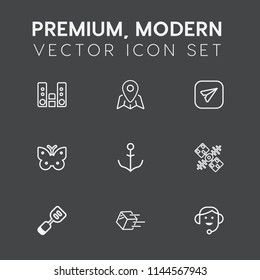 Modern, simple vector icon set on dark grey background with spatula, audio, ship, butterfly, shipment, headset, music, web, media, technology, fly, business, office, sound, utensil, nautical icons