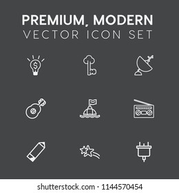 Modern, simple vector icon set on dark grey background with businessman, creativity, power, wireless, holiday, idea, star, business, guitar, audio, radio, antique, success, security, technology icons