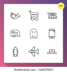 Modern, simple vector icon set on gradient background with ghost, tree, horror, halloween, sky, music, mobile, scary, trolley, transportation, brass, cap, landscape, musical, shop, trumpet, cell icons