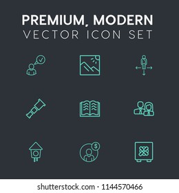 Modern, simple vector icon set on dark grey background with team, people, astronomy, scenery, home, website, literature, landscape, worker, photo, technology, book, paper, complete, place, money icons