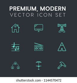 Modern, simple vector icon set on dark grey background with property, bar, home, computer, station, construction, travel, shovel, modern, people, laptop, house, table, pc, building, door, melody icons