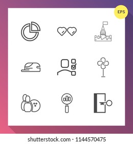 Modern, simple vector icon set on gradient background with sign, electric, sun, vision, office, sport, ball, escape, magnifying, bowling, door, presentation, cap, chart, white, fan, cooler, game icons