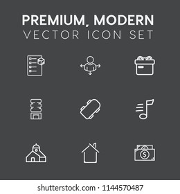 Modern, simple vector icon set on dark grey background with architecture, estate, musical, shipping, road, cold, cash, business, skater, place, skate, extreme, warehouse, location, home, drink icons