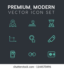 Modern, simple vector icon set on dark grey background with sport, computer, location, travel, glass, geometry, pin, sand, web, email, knife, exercise, kitchen, timer, click, countdown, touch icons