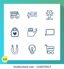 Modern, simple vector icon set on gradient background with light, bulb, electricity, cargo, tropical, meeting, buy, object, shop, pole, magnetic, water, conference, dump, talk, tipper, steam icons