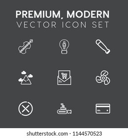 Modern, simple vector icon set on dark grey background with classical, bill, blue, cool, business, cello, baseball, instrument, sign, air, stop, ocean, wood, nature, no, ventilator, musical, sea icons