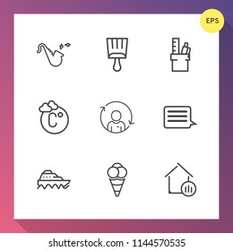Modern, simple vector icon set on gradient background with house, musical, trumpet, ball, message, work, sea, music, jazz, boat, office, person, ice, paint, equipment, refresh, paintbrush, food icons