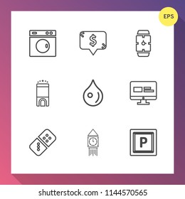 Modern, simple vector icon set on gradient background with machine, hotel, housework, washer, equipment, frame, website, household, label, hand, web, domino, liquid, room, clean, clock, square icons