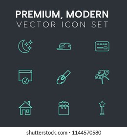 Modern, simple vector icon set on dark grey background with card, hat, cash, architecture, money, pretty, ufo, cap, construction, background, people, sky, object, page, star, payment, estate icons