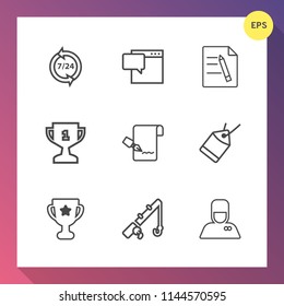 Modern, simple vector icon set on gradient background with reel, message, label, bubble, chat, document, fish, contract, business, call, fishing, list, sport, support, file, tag, talk, service icons
