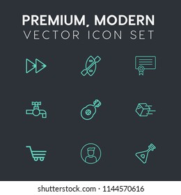 Modern, simple vector icon set on dark grey background with bathroom, trolley, paddle, string, elegant, audio, sport, play, rowing, package, rewind, sink, white, water, player, forward, folk icons