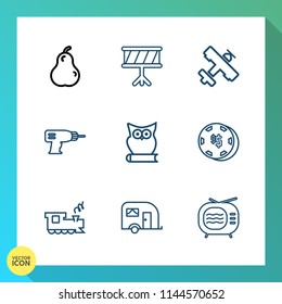 Modern, simple vector icon set on gradient background with instrument, luck, food, tv, healthy, drill, casino, organic, airplane, vehicle, equipment, sound, saxophone, machine, fruit, railway icons