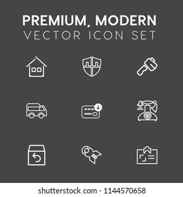 Modern, simple vector icon set on dark grey background with direction, architecture, finance, phone, money, id, house, hammer, box, real, nuclear, business, move, falling, construction, home icons