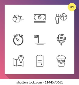 Modern, simple vector icon set on gradient background with pin, cup, mug, coin, watch, road, travel, mexico, people, transport, drink, meeting, shipping, presentation, voice, cargo, currency icons