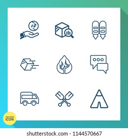 Modern, simple vector icon set on gradient background with transportation, data, direction, tent, finance, move, package, travel, , delivery, currency, logistics, paddle, canoe, dollar, water icons