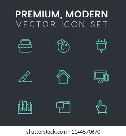 Modern, simple vector icon set on dark grey background with click, weather, surgery, clinic, home, nature, chat, cell, button, card, business, analysis, electricity, message, doctor, telephone icons