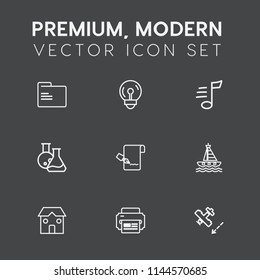 Modern, simple vector icon set on dark grey background with empty, tool, electricity, idea, water, construction, sound, building, office, plane, medicine, object, innovation, list, lamp, energy icons