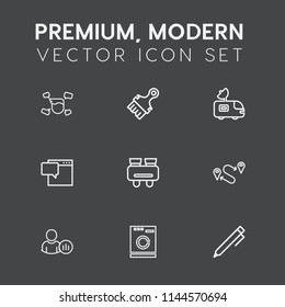 Modern, simple vector icon set on dark grey background with truck, male, machine, bubble, television, pen, social, equipment, map, position, glasses, message, satellite, appliance, online, man,  icons