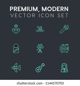 Modern, simple vector icon set on dark grey background with vacation, video, pool, movie, tool, travel, guitar, water, employee, aircraft, relax, television, ship, music, equipment, ingredient icons