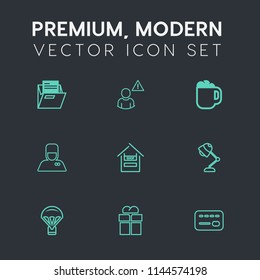 Modern, simple vector icon set on dark grey background with box, hotel, balance, coffee, cafe, drink, open, extreme, profile, empty, package, network, online, supermarket, office, sky, parachute icons