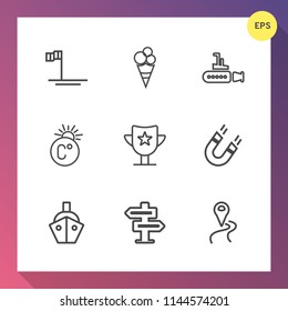 Modern, simple vector icon set on gradient background with prize, boat, beach, doorknob, science, undersea, blue, door, vessel, field, scale, temperature, navigation, room, transport, cortes icons