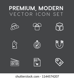 Modern, simple vector icon set on dark grey background with ship, radio, north, sale, shirt, pole, compass, fashion, record, supermarket, list, space, magnetic, market, tag, south, audio, east icons