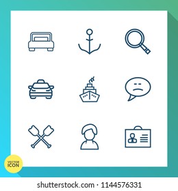 Modern, simple vector icon set on gradient background with human, speech, marine, boat, message, vehicle, furniture, , nautical, home, glass, find, helm, bedroom, taxi, rudder, navigation, woman icons
