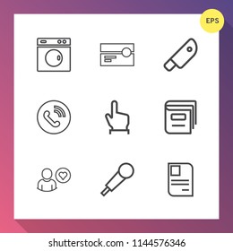 Modern, simple vector icon set on gradient background with laundry, cut, button, meat, personal, library, clean, mic, ring, equipment, housework, retro, click, card, food, sound, karaoke, circle icons