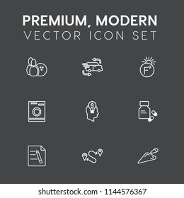 Modern, simple vector icon set on dark grey background with laundry, service, competition, game, fast, document, car, scale, construction, thermometer, appliance, fahrenheit, housework, ball icons