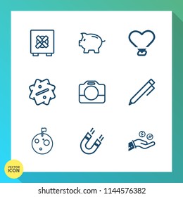 Modern, simple vector icon set on gradient background with label, flag, education, planet, protection, hand, shape, moon, bank, lock, coin, secure, film, sale, safe, space, astronaut, camera icons