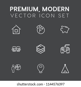 Modern, simple vector icon set on dark grey background with map, temperature, meeting, house, property, competition, modern, finance, sign, technology, presentation, investment, building, money icons