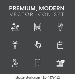 Modern, simple vector icon set on dark grey background with arrow, technology, money, map, suitcase, magnifier, sky, finance, find, peak, index, chain, nature, paper, bank, bill, web, hill, pin icons