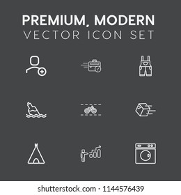 Modern, simple vector icon set on dark grey background with liquid, user, late, pictogram, delete, internet, wear, bike, sign, shipment, wheel, personal, transportation, account, clean, drink icons