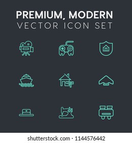 Modern, simple vector icon set on dark grey background with spy, search, lens, rent, sea, sky, arrow, camera, sewing, equipment, video, protect, machine, parachute, home, film, ocean, background icons