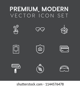 Modern, simple vector icon set on dark grey background with wealth, success, money, glasses, roller, internet, brush, plastic, investment, financial, fashion, property, package, green, growth icons