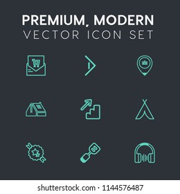 Modern, simple vector icon set on dark grey background with web, adventure, utensil, down, price, next, list, camp, right, job, shop, tent, bill, travel, window, ribbon, location, decorative, up icons